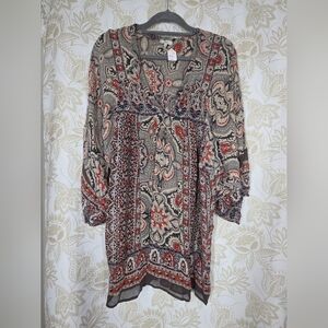 Joie Semi Sheer Paisley Peasant Balloon Sleeve Tunic Top Brown Pink Boho Gypsy M